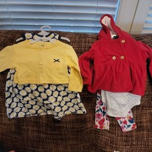 Yellow-blue dress [no sleeves] with yellow jacket. Red 3-piece outfit.